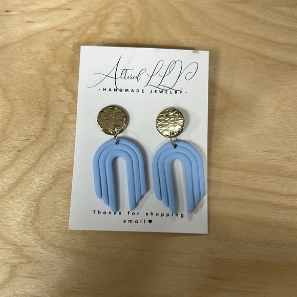 #113 Handmade- Blue Arch Earrings with Crystal & Gold Accents - Picture 3 of 3